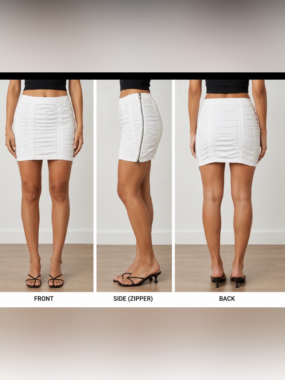 Woman NYC White Ruched Mini Skirt Size 2 Side Zip Stretch Cotton.